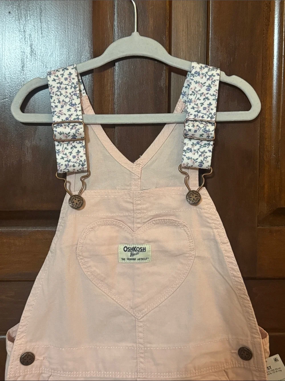 OshKosh B'gosh Pale Pink Heart Short Overalls with Floral Straps
